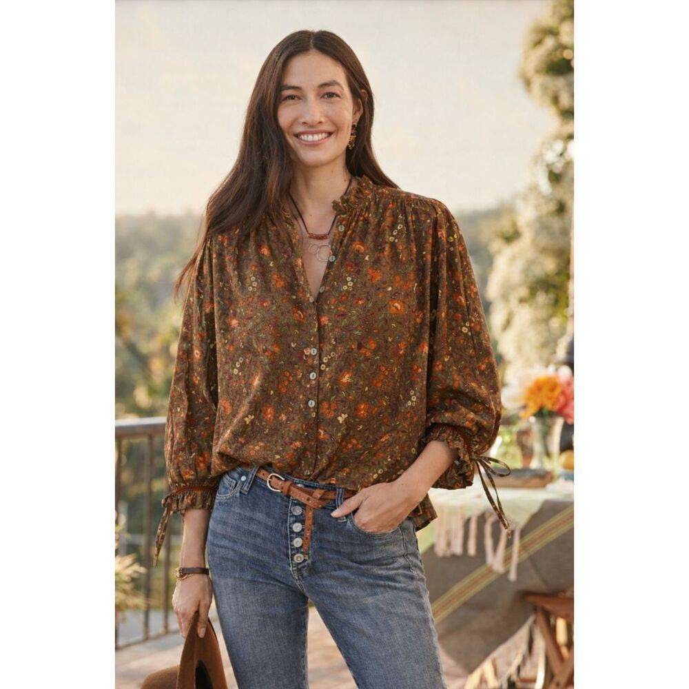 Sundance Ashton Fall Color Floral Blouse Ruffled Detail Velvet Ribbon Sz L Boho